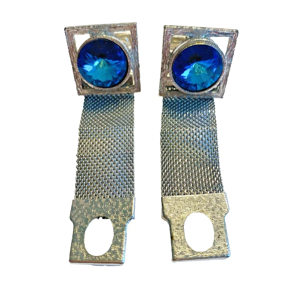 Vintage Blue Rivoli Wrap Cufflinks Large Stones Silvertone Mesh Mid Century Chic